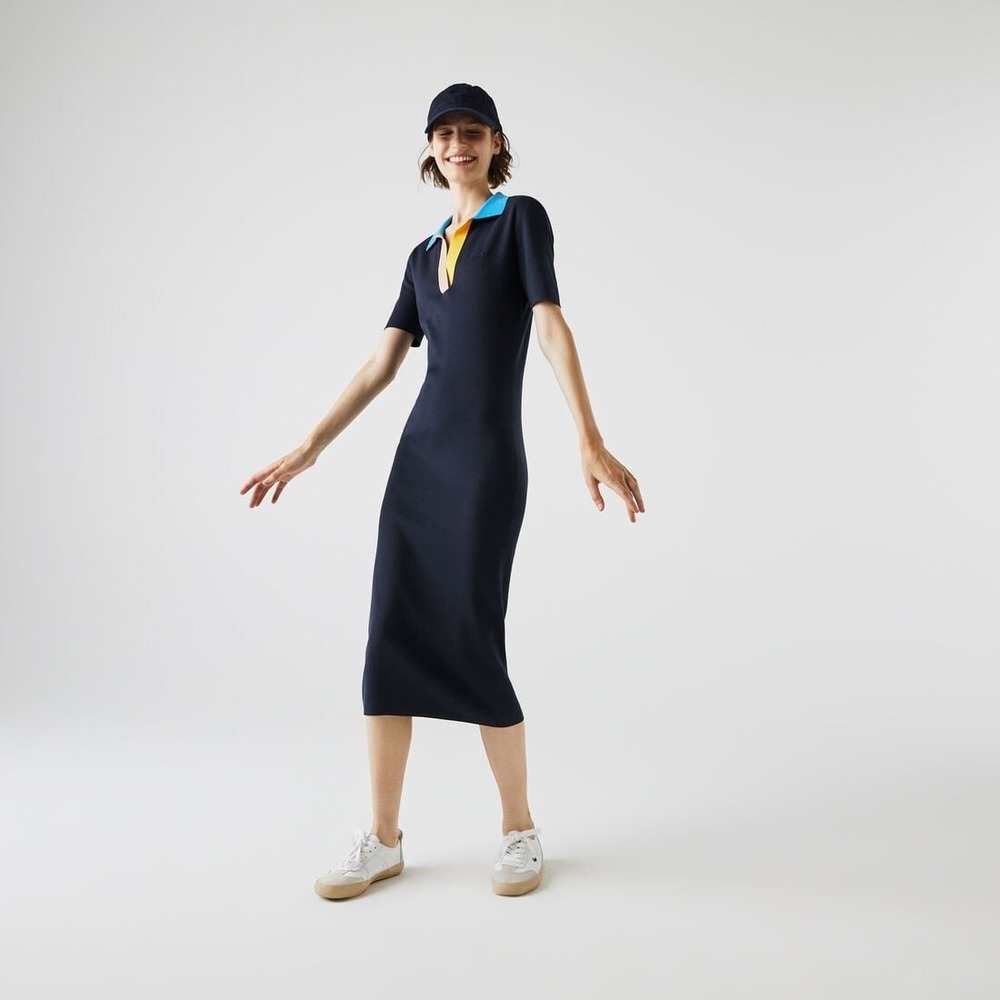 Lacoste Polo Collar Two-Tone Cotton Knit Sweater Dress Womens 44 US XL Navy Blue